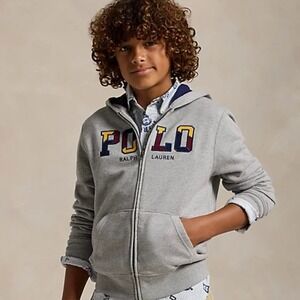 Polo Ralph Lauren Fleece Hoodie Boy's L (14-16) Gray Logo Long Sleeve Full-Zip